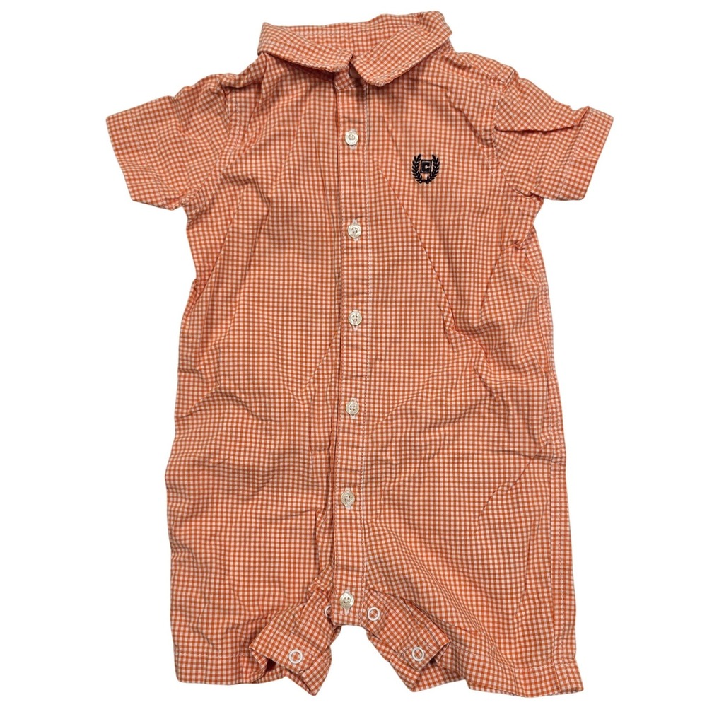 Chaps Baby Boy Orange Gingham Check Short Sleeve Button Front Romper 6M Cotton